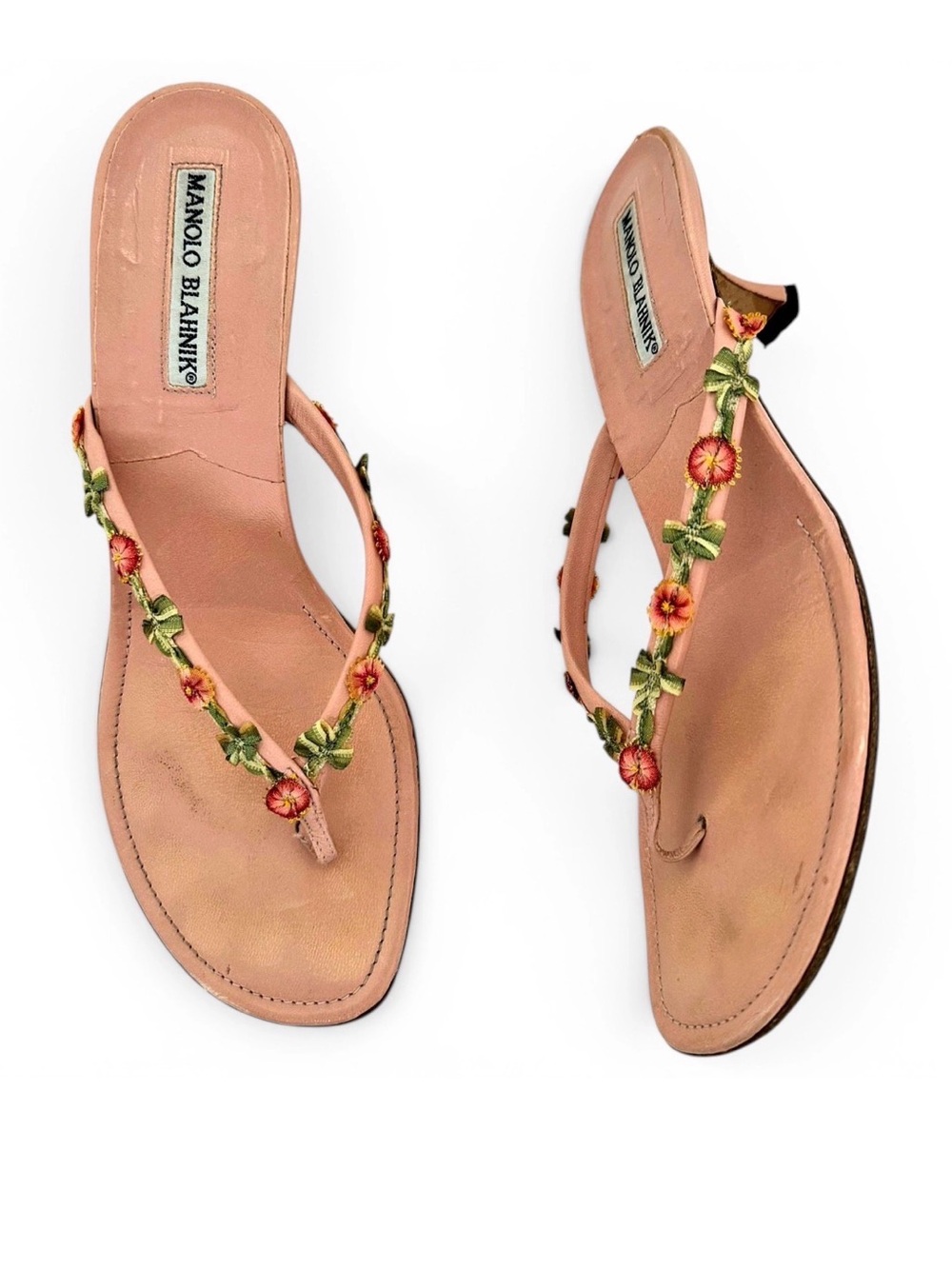 Manolo Blahnik Vintage Pink Leather Floral Kitten Heel Thong Sandals EU 38.5 Y2K